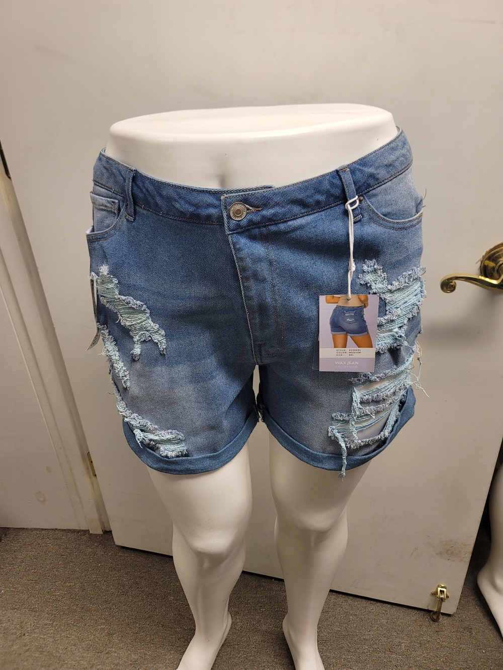 Denim Distressed Roll-Cuff Women's Shorts - Blue